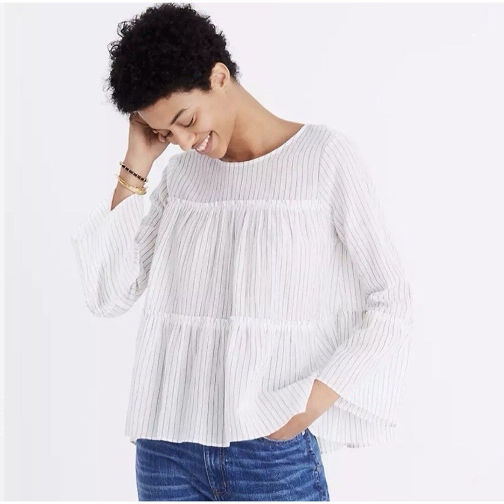 Madewell White Tiered Haysboro Stripe Sheer Top Size Small Cottagecore Softgirl